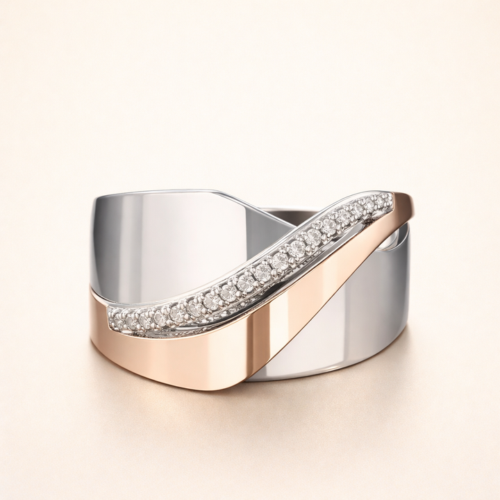 Vintage rosegouden en zilveren ring met zirkonia