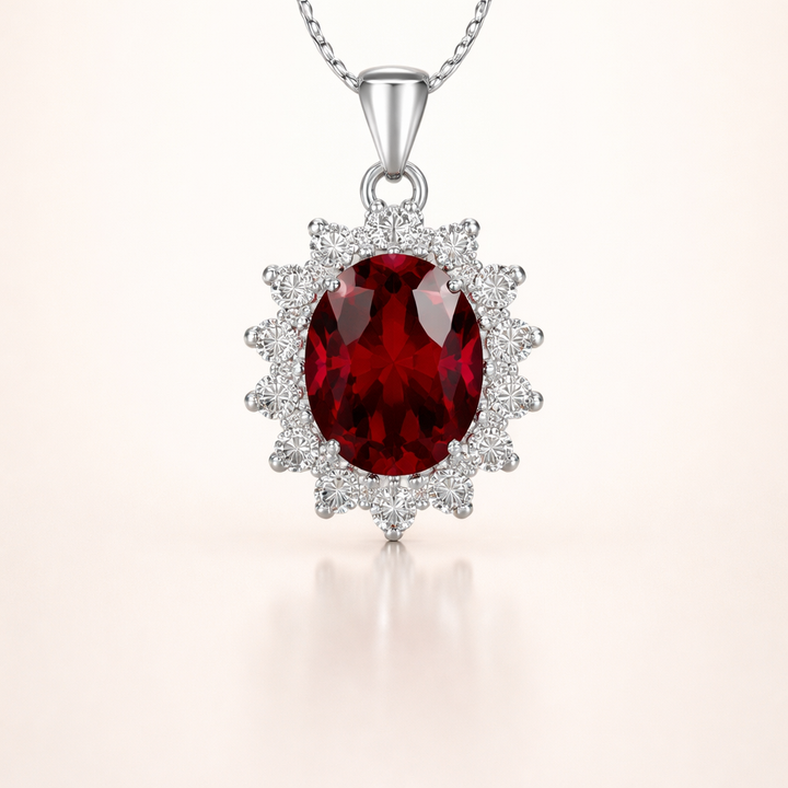 Elegante witgouden ketting met ruby halo