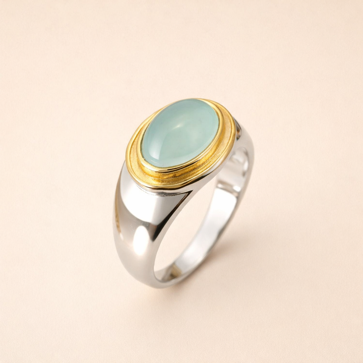 Elegante groene maansteenring in verguld zilver