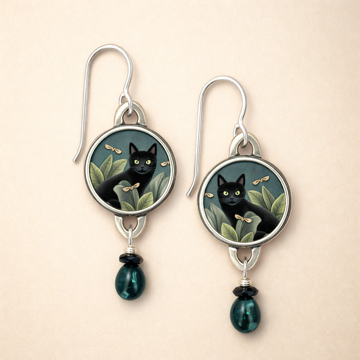 Vintage Tropische Zwarte Kat Dangle Oorbellen