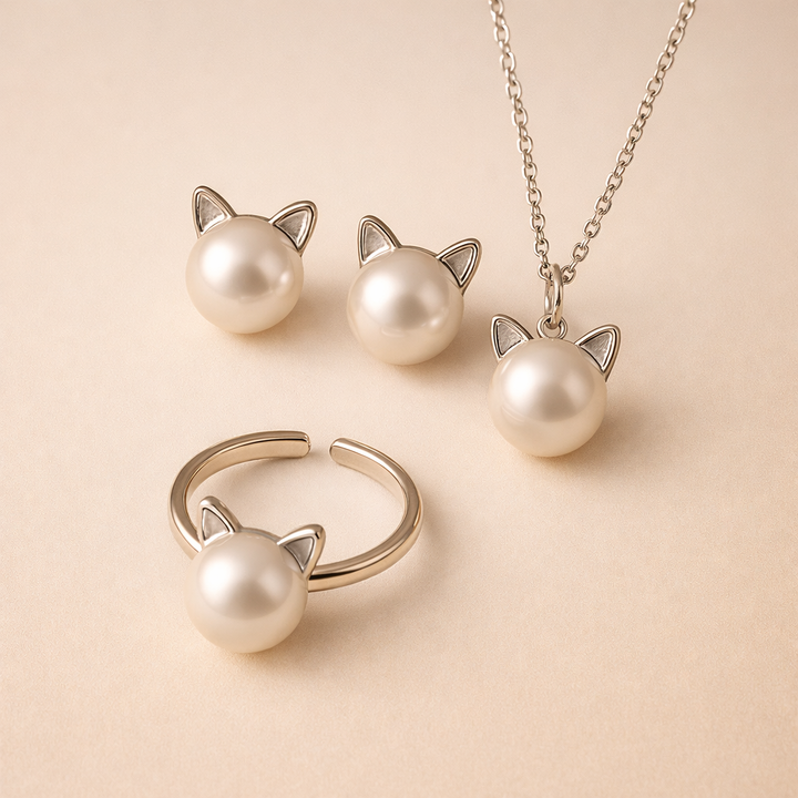 Mooie Parel Kat Ketting met Bonus Oorbellen + Ring