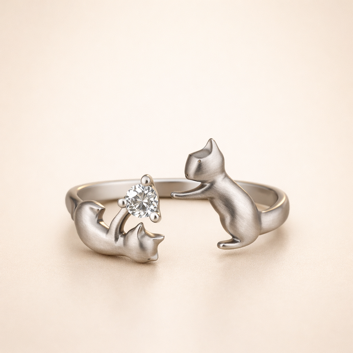 Speelse Verstelbare Ring van Sterling Zilver met Kat en Zirconia