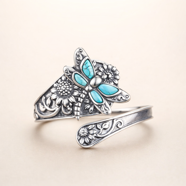 Sterling Zilveren Turquoise Lepelring – Vintage Boho Wikkelring met Libelle
