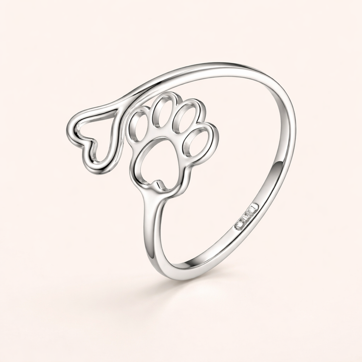 Handgemaakte Poot & Hart Ring – Verstelbaar Sterling Zilver