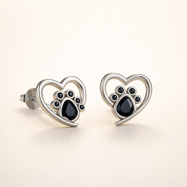 Hart Poot Stud Oorbellen – Zilver met Zwarte Emaille