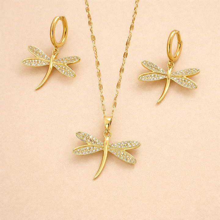 Gouden Libelle Sieraad Ketting met Bonus Oorbellen