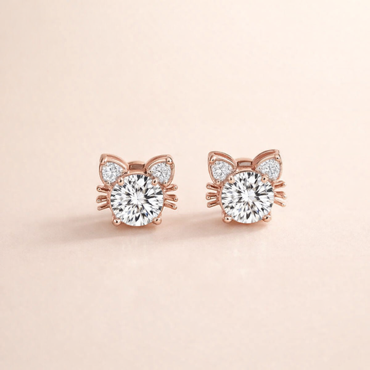 Moissanite Roze Gouden Kat Stud Oorbellen in Sterling Zilver