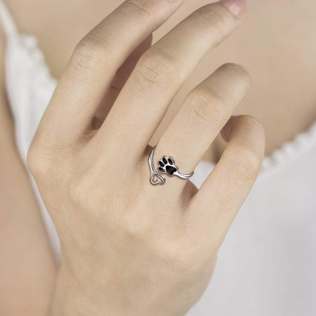 Handgemaakte Poot & Hart Ring – Verstelbaar Sterling Zilver