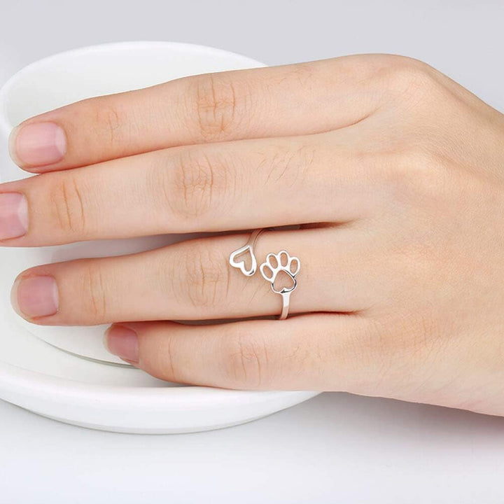 Handgemaakte Poot & Hart Ring – Verstelbaar Sterling Zilver