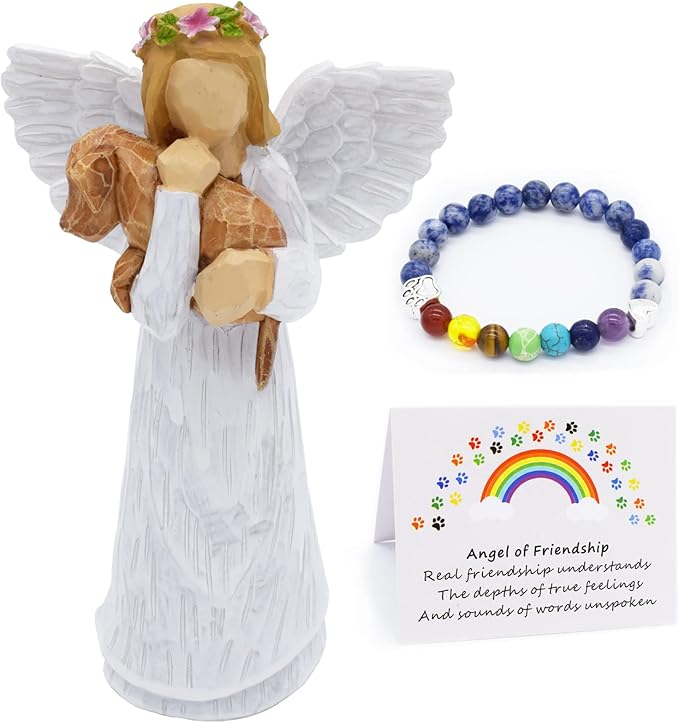 Hondenherinneringsgeschenkset met Engel van Vriendschap Beeldje & Chakra Armband van de Regenboogbrug