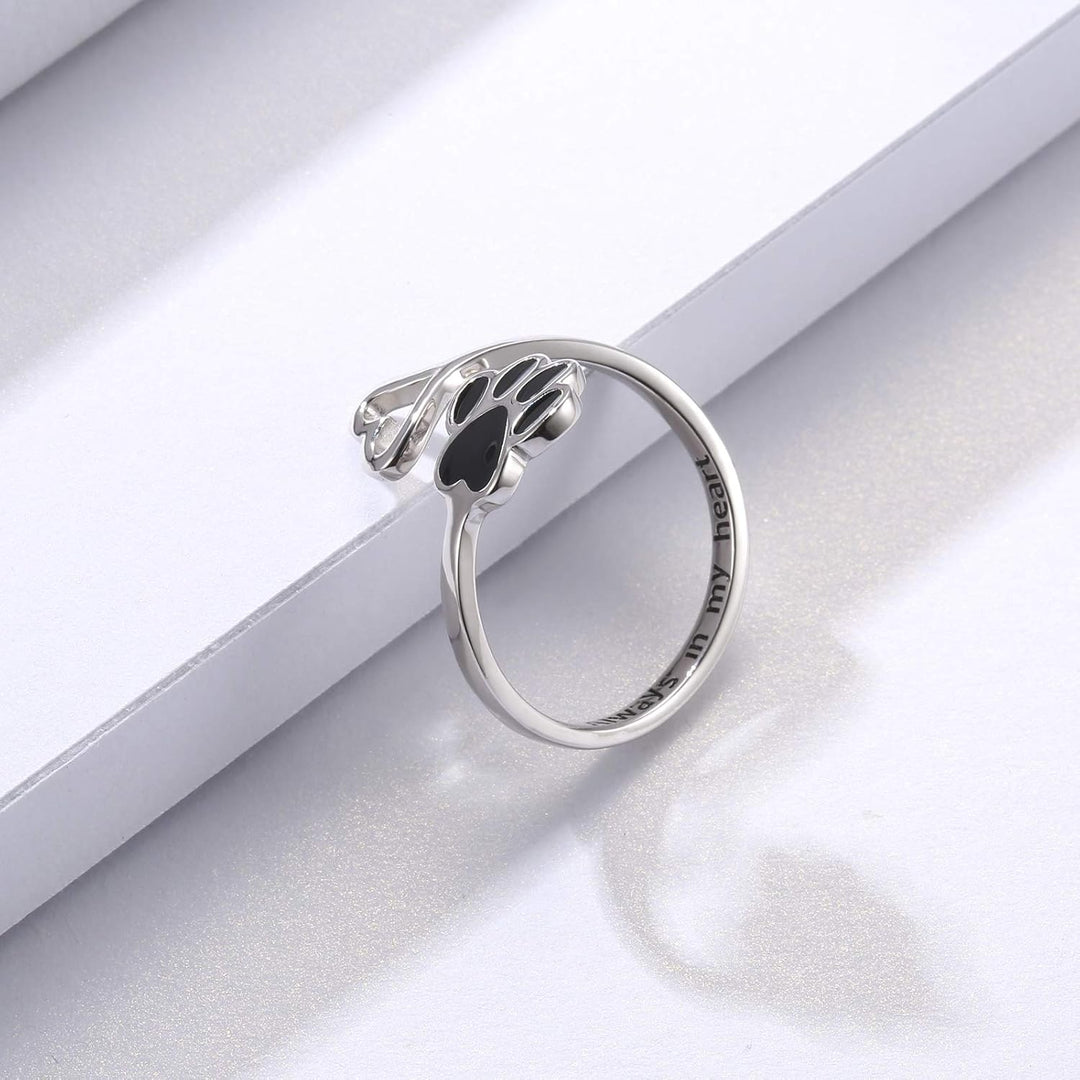 Handgemaakte Poot & Hart Ring – Verstelbaar Sterling Zilver