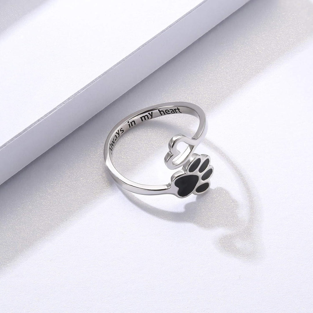Handgemaakte Poot & Hart Ring – Verstelbaar Sterling Zilver