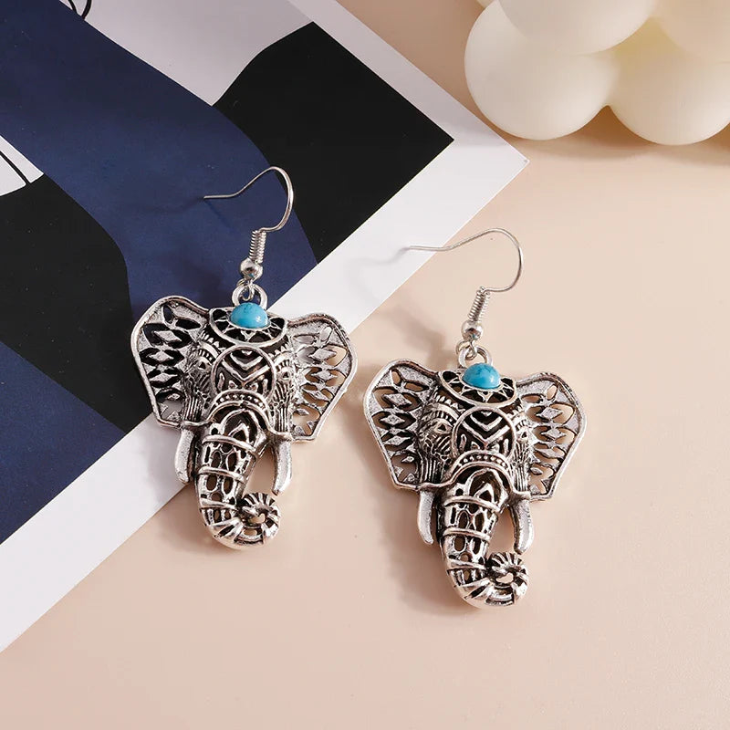 Vintage Olifant Dangle Oorbellen Zilver Bohemian