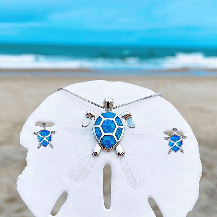 Zeewater Schildpad Ketting + Oorbellen Set in Opal en Zilver