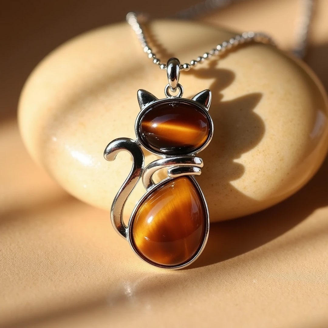 Elegante halsketting van natuurlijke stenen met kattenhanger