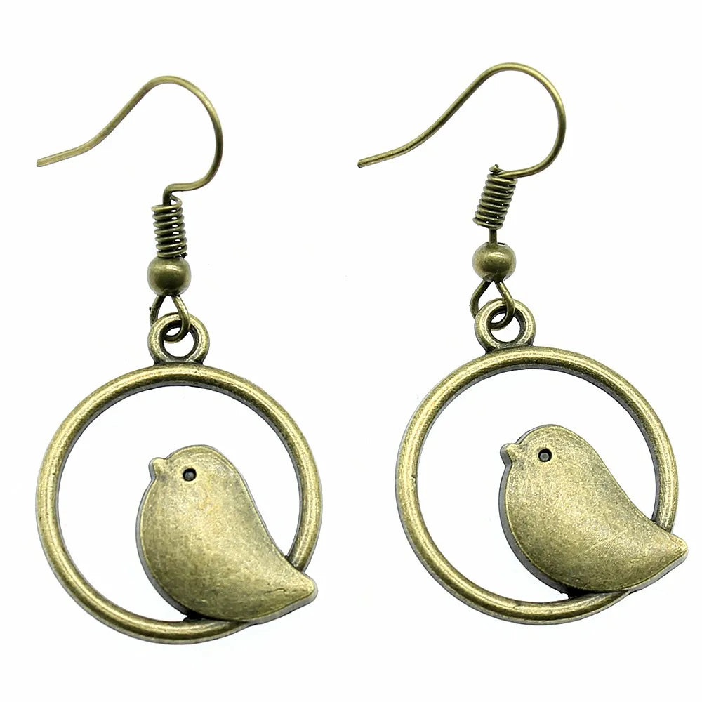 Vintage Vogel Charm Dangle Oorbellen – Handgemaakte Boho Sieraden