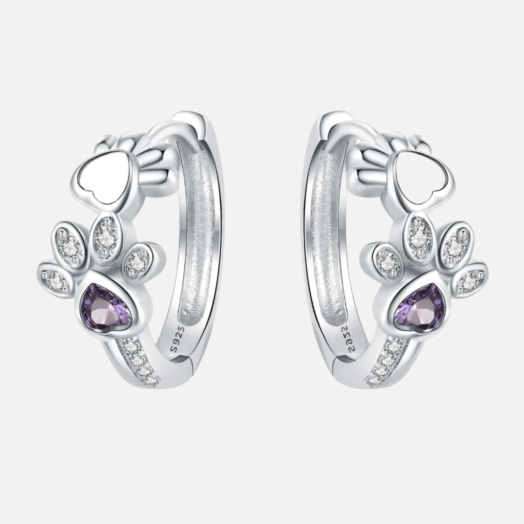 Paw Huggie Oorbellen in Sterling Zilver – Met Zirkonia en Hart Edelsteen