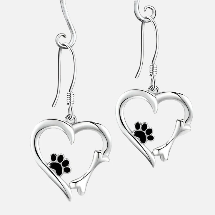 Zilveren Dangle Oorbellen met Hart & Poot Ontwerp