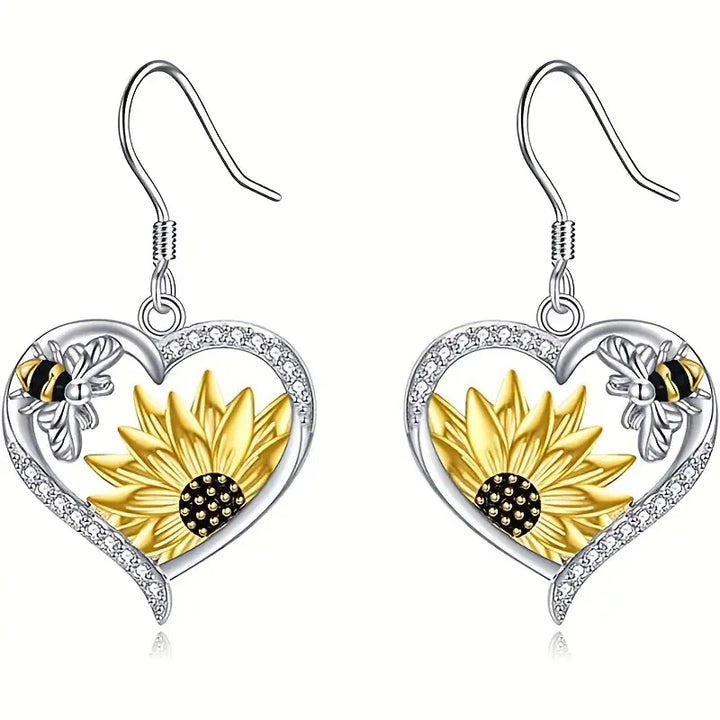 Vintage Boho Zonnebloem & Bij Hart Dangle Oorbellen