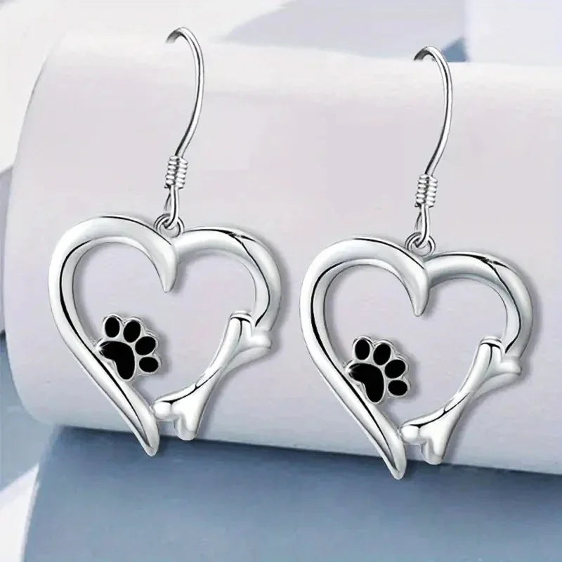 Zilveren Dangle Oorbellen met Hart & Poot Ontwerp