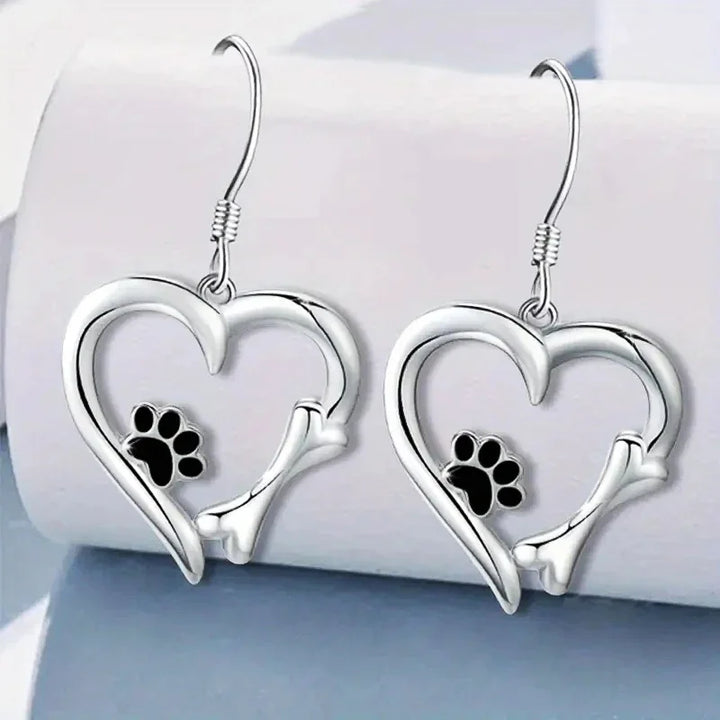 Zilveren Dangle Oorbellen met Hart & Poot Ontwerp