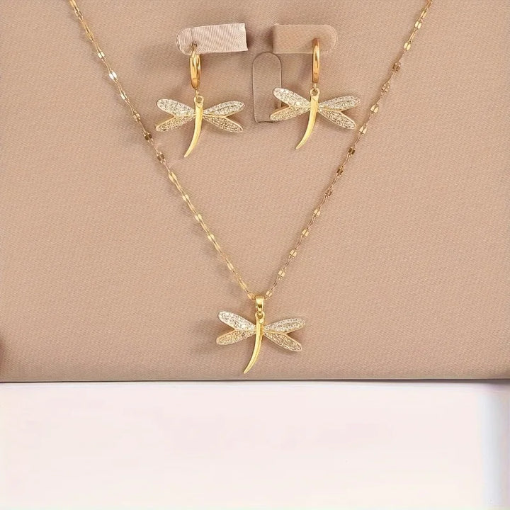 Gouden Libelle Sieraad Ketting met Bonus Oorbellen