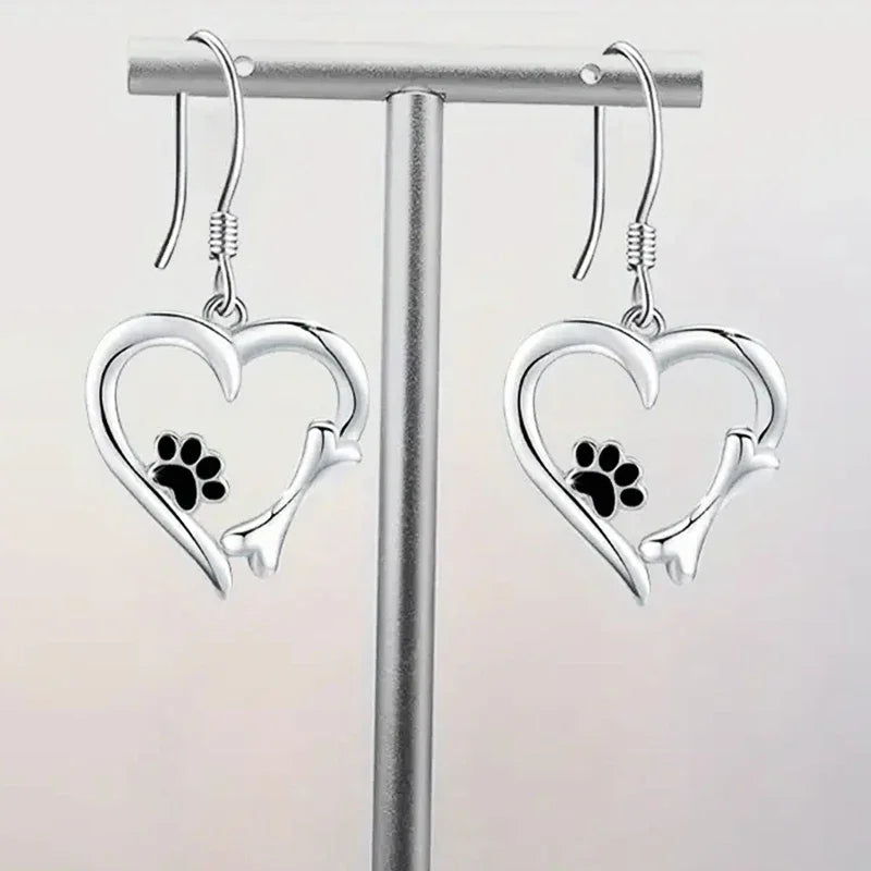 Zilveren Dangle Oorbellen met Hart & Poot Ontwerp