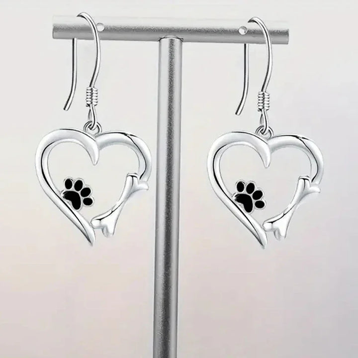 Zilveren Dangle Oorbellen met Hart & Poot Ontwerp