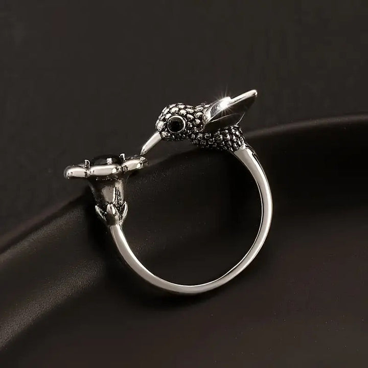 Hummingbird & Flower Ring – Verstelbare Open Vogelring voor Vrouwen