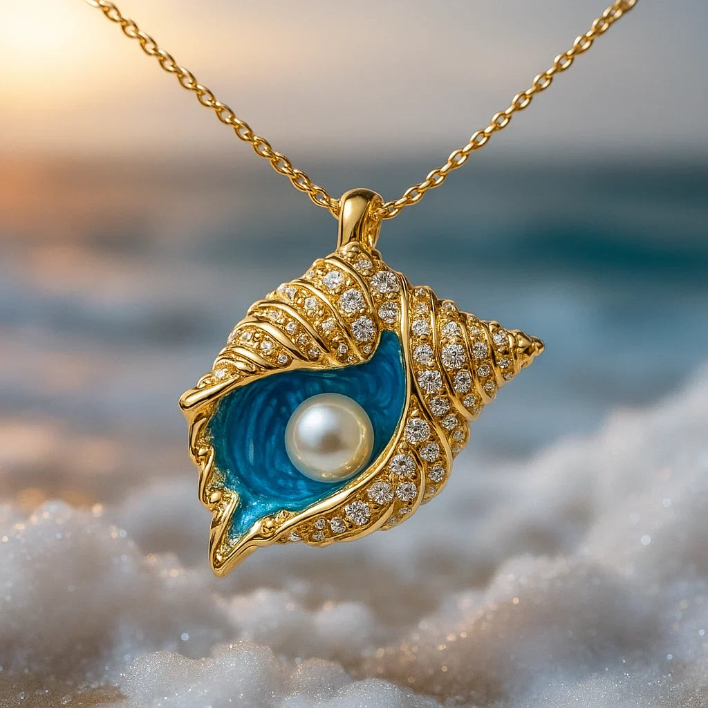 Gouden ketting met stralende parel en schelpdesign