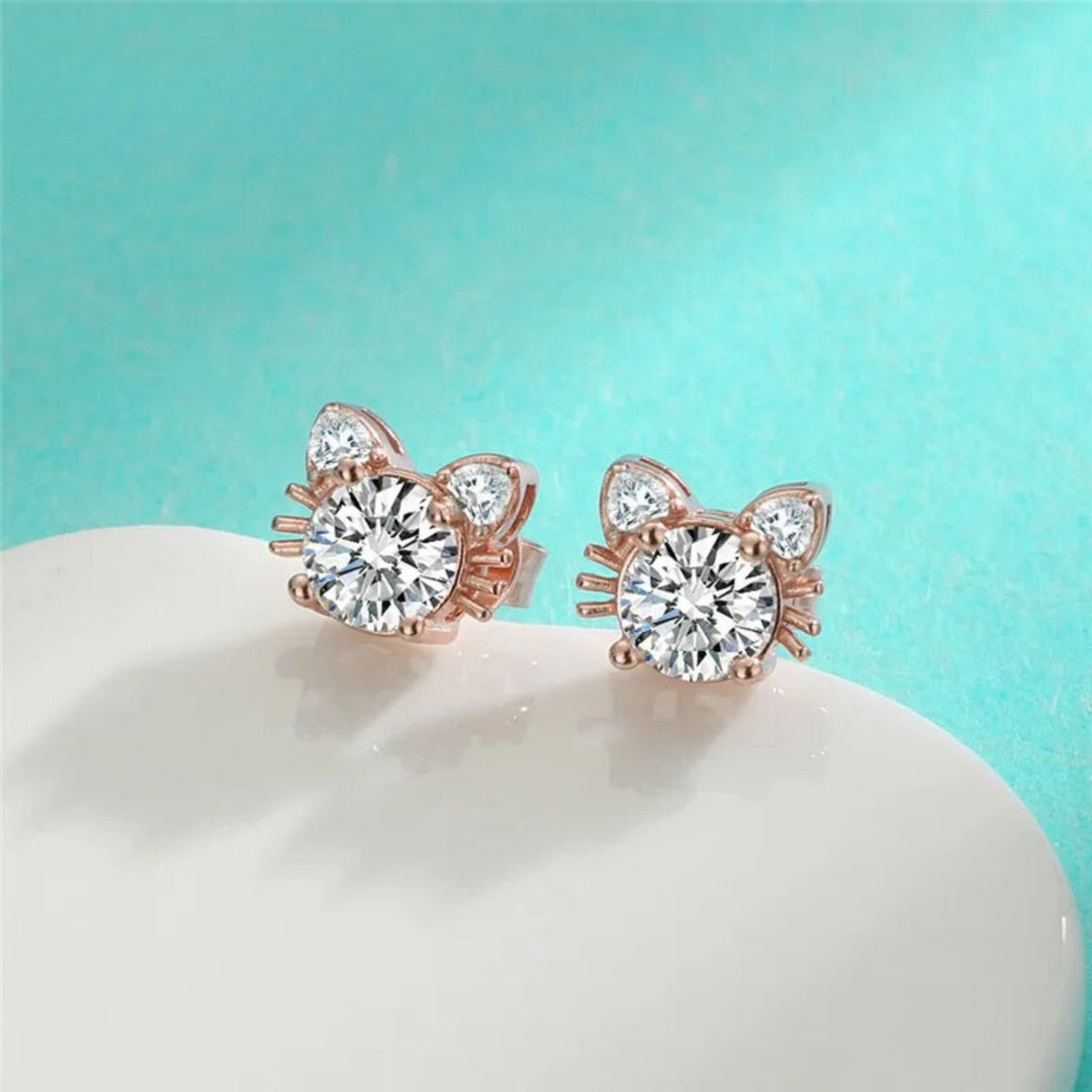 Moissanite Roze Gouden Kat Stud Oorbellen in Sterling Zilver