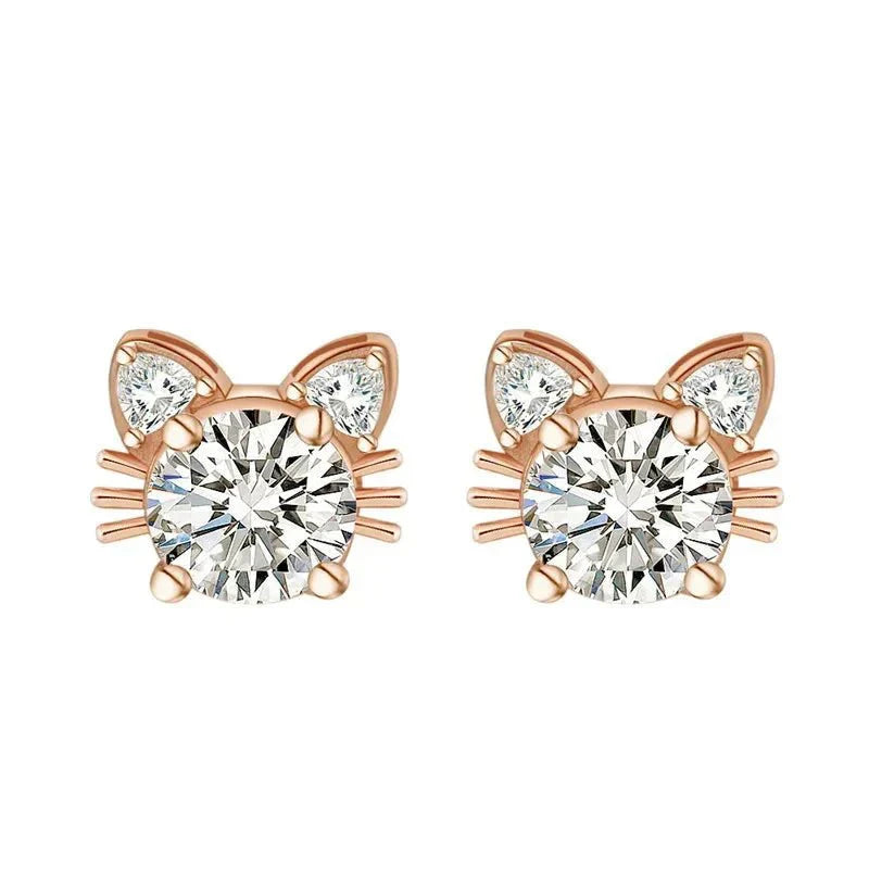 Moissanite Roze Gouden Kat Stud Oorbellen in Sterling Zilver