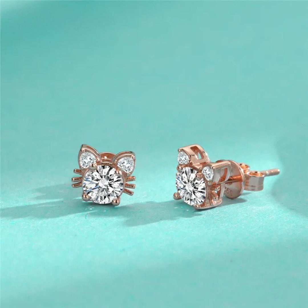Moissanite Roze Gouden Kat Stud Oorbellen in Sterling Zilver