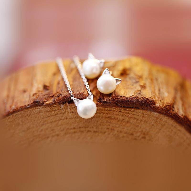 Mooie Parel Kat Ketting met Bonus Oorbellen + Ring