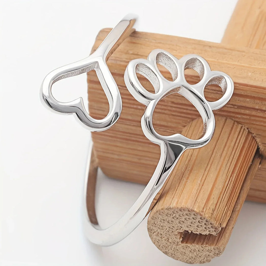Handgemaakte Poot & Hart Ring – Verstelbaar Sterling Zilver