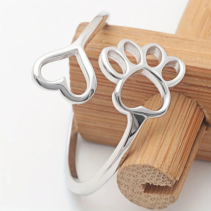 Handgemaakte Poot & Hart Ring – Verstelbaar Sterling Zilver