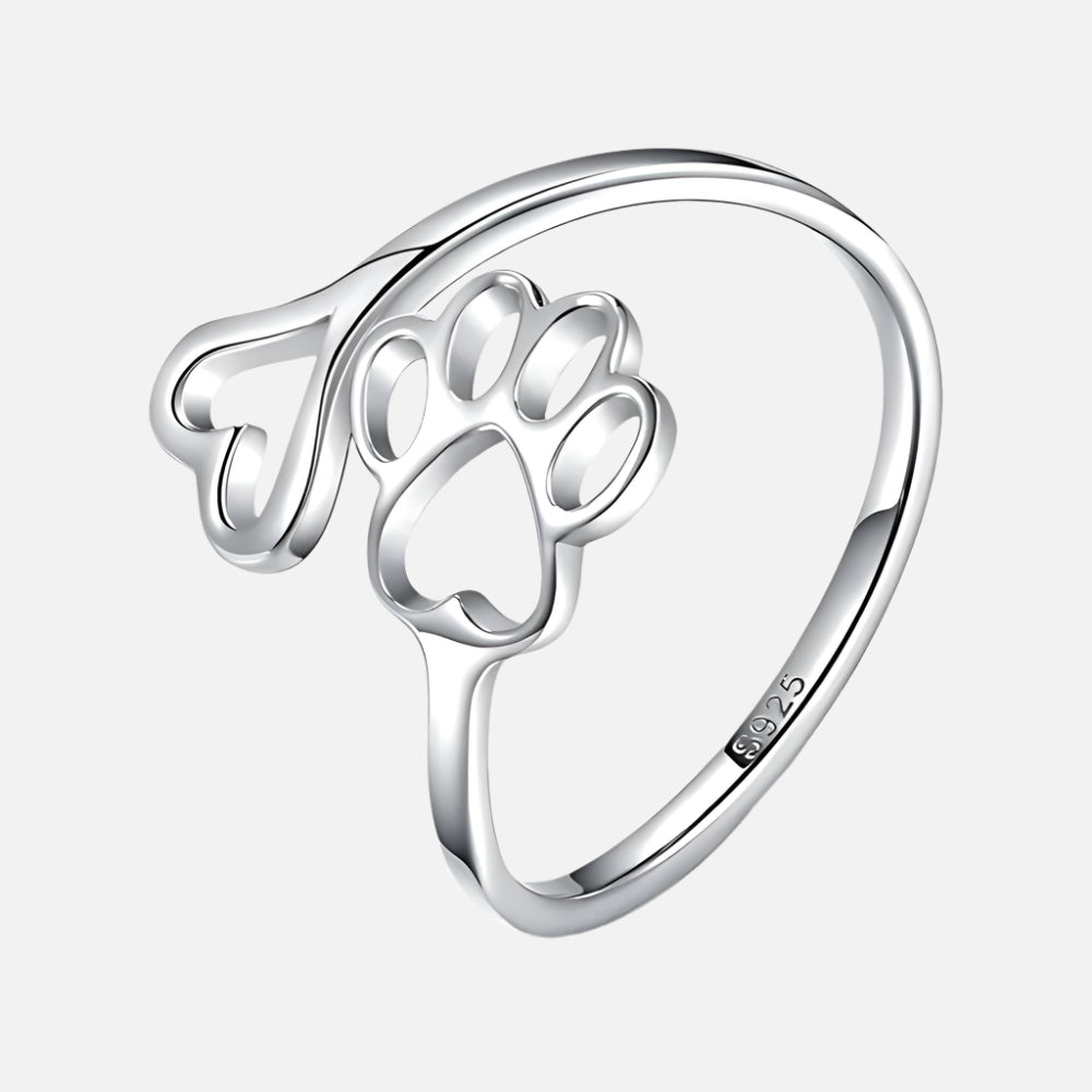 Handgemaakte Poot & Hart Ring – Verstelbaar Sterling Zilver