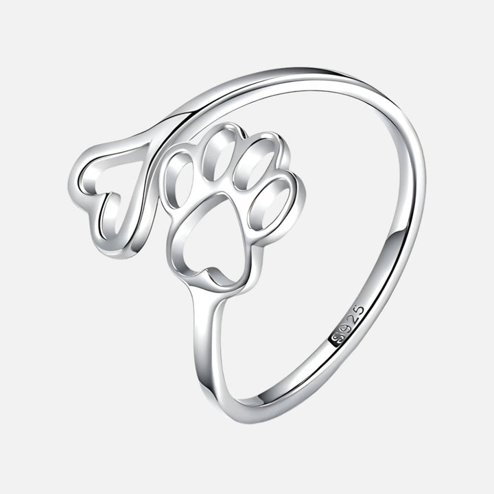 Handgemaakte Poot & Hart Ring – Verstelbaar Sterling Zilver