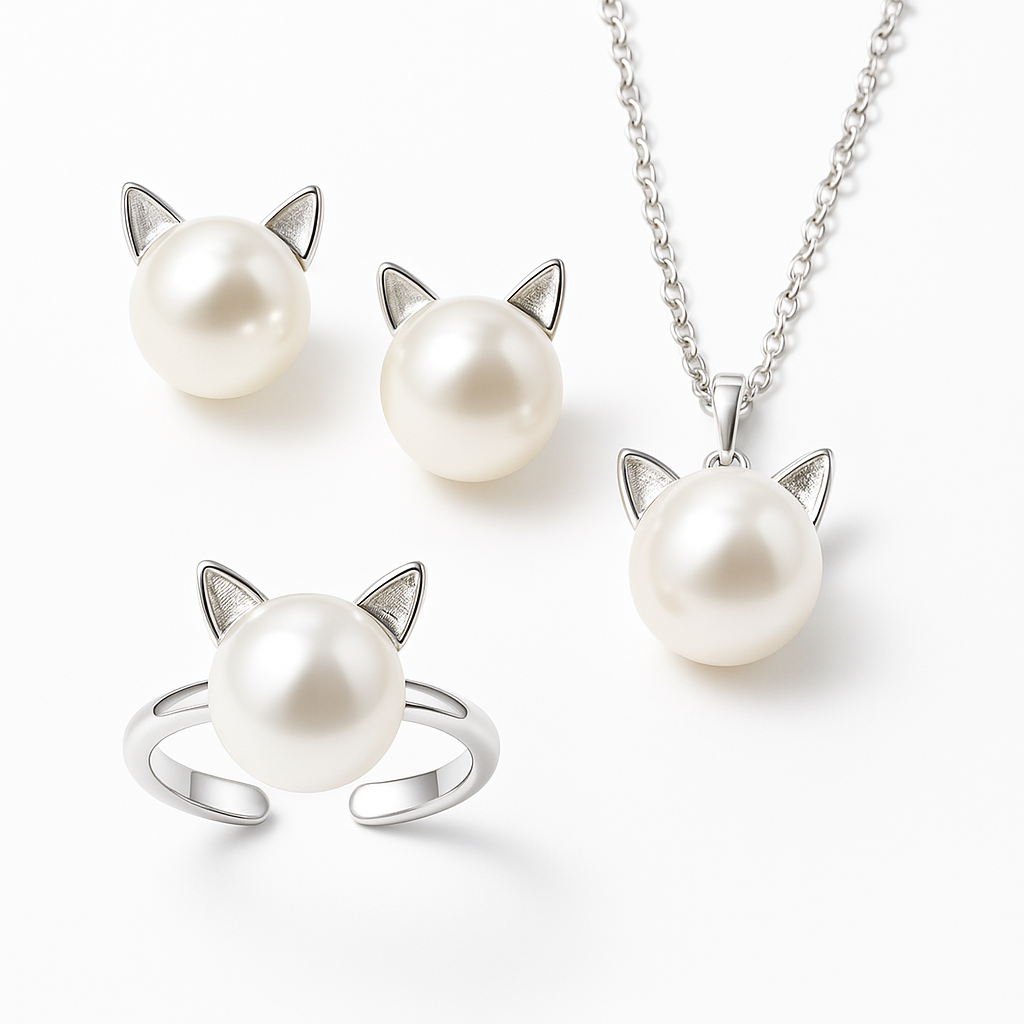 Mooie Parel Kat Ketting met Bonus Oorbellen + Ring