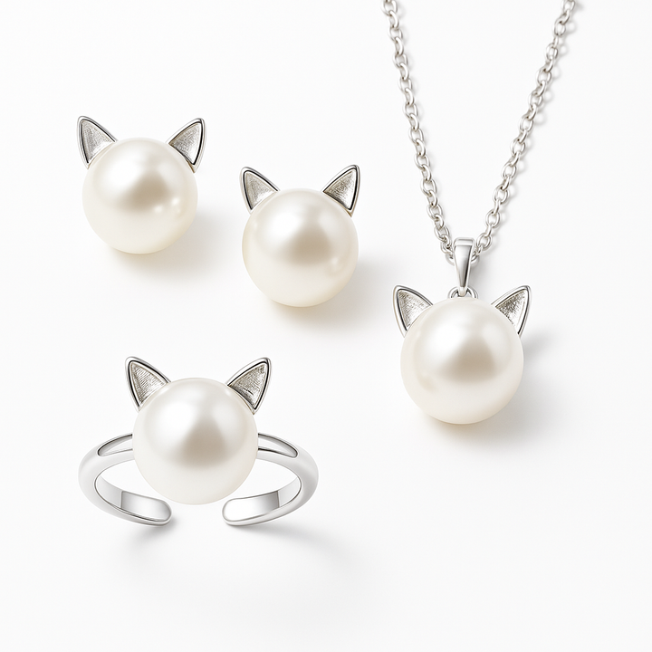 Mooie Parel Kat Ketting met Bonus Oorbellen + Ring