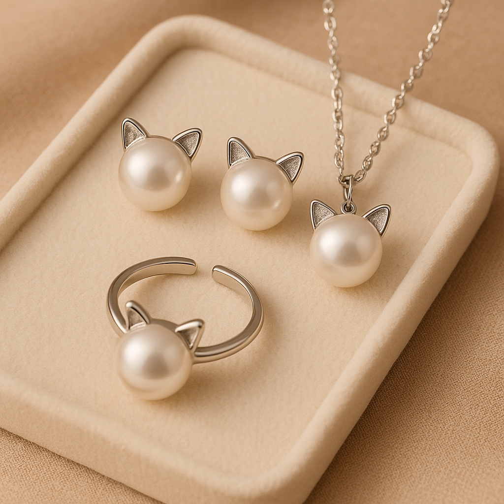 Mooie Parel Kat Ketting met Bonus Oorbellen + Ring