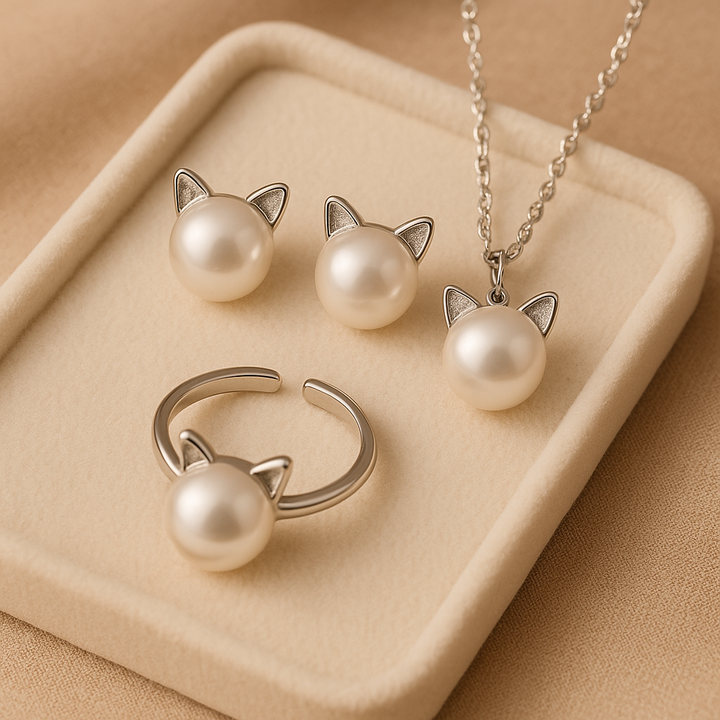 Mooie Parel Kat Ketting met Bonus Oorbellen + Ring
