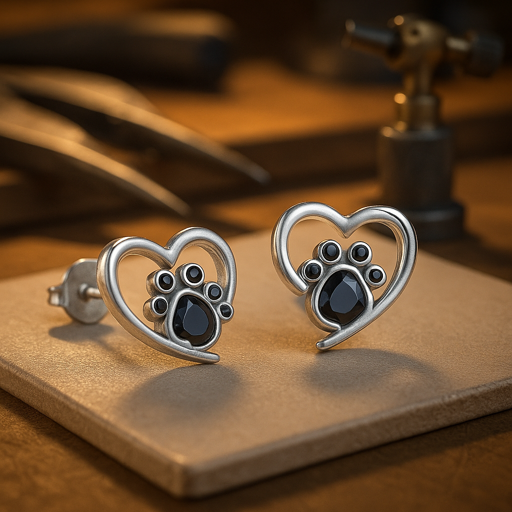 Hart Poot Stud Oorbellen – Zilver met Zwarte Emaille