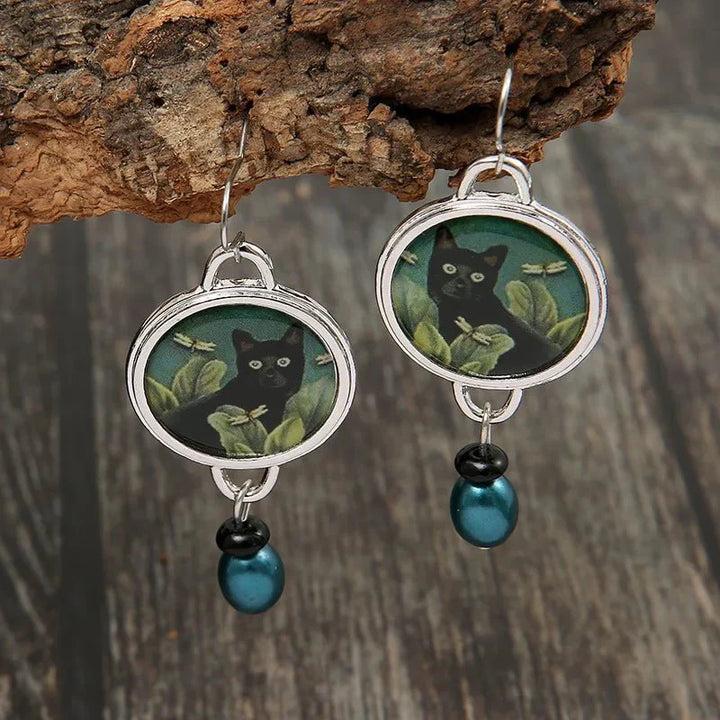 Vintage Tropische Zwarte Kat Dangle Oorbellen