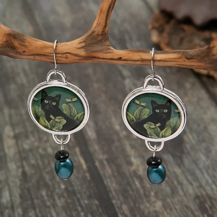 Vintage Tropische Zwarte Kat Dangle Oorbellen