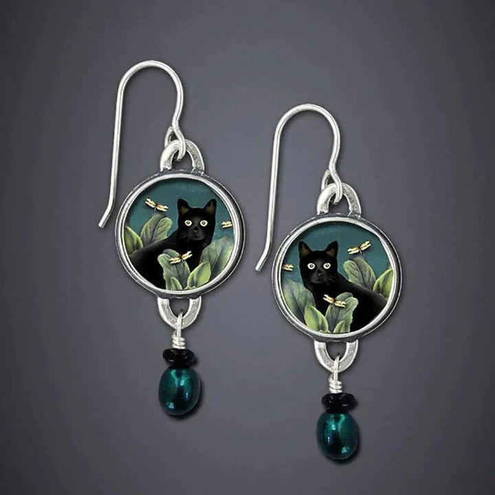 Vintage Tropische Zwarte Kat Dangle Oorbellen