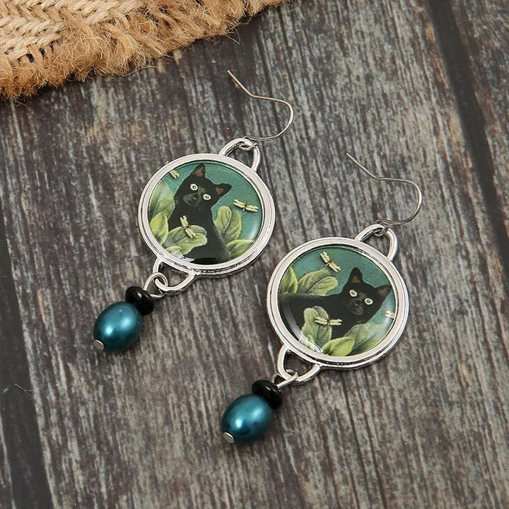 Vintage Tropische Zwarte Kat Dangle Oorbellen